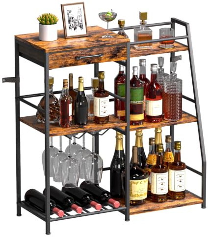 Yorbay Portabottiglie Autoportante a 3 Livelli: Ripiani Aperti in Stile Vintage con Portabottiglie e Portabicchieri - Scaffale a Doppia Fila con Cassetto in Tessuto per Bar Cucina e Sala da Pranzo