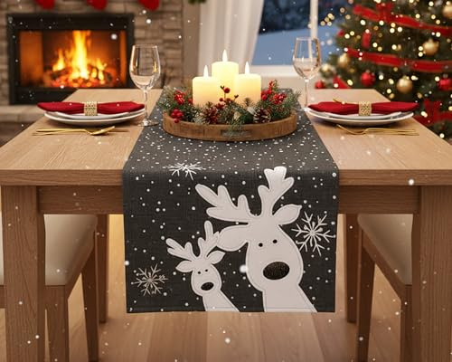 KAMACA Tischläufer 40x140 cm edles grau mit filigraner Stickerei lustige, neugierige Elche & Schneeflocken robust farbecht pflegeleicht Deko Winter Weihnachten (Lustige Elche dunkelgrau 40x140)