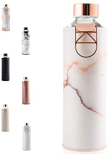 EQUA MM faux LA Bouteille d'eau en verre avec manchon en simili cuir - 750 ml - Anti-fuite et sans BPA - 100% verre borosilicate, lave