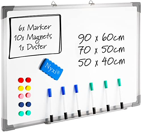 Nyxi Whiteboard, 70cm X 50cm (WxH), Dry-Wipe Magnetic Aluminium Frame with Strong Rear Galvanised Zinc Sheet, Comes with 6 X Markers, 10 Magnets, 1 X Duster. for Home, Office, School (700mmx500mm)