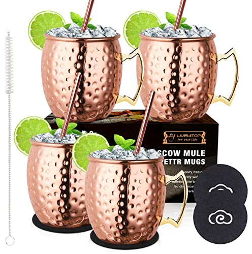 LIVEHITOP Moscow Mule Set 4 Bicchieri Rame, 530ml Tazze Rame con Coaster Accessori per Cocktail, Bevanda Fredda, Festa, Bar