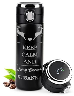 Maverton Tazza termica caffè tè 400 ml - incisione personalizzata e display led della temperatura - bottiglia termica in acciaio inox con coperchio one-touch - per feste - keep calm