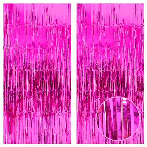 KatchOn, Rosa Folien-fransenvorhänge 2 Stück – 2,5m X 1m | Lametta Vorhang Pink für Geburtstag, Hochzeit, Party, Baby Shower | Luftschlangen Hot Pink für Einhor Geburtstag | Party Deko Pink