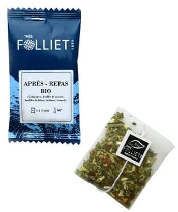 CAFÉS FOLLIET - Infusion Bio - Après-Repas - Feuilles de Frêne - Sans théine & Sans conservateurs - Confort digestif - Sachets d'origine végétale - 24 Sachets