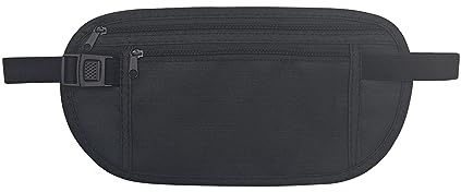 FuninCrea Money Belt, Nylon Fanny Pack Hidden Bum Bag with RFID Blocking for Women Men, Anti-Theft Waist Pack Under Clothes with Adjustable Buckle for Travel, Running, Hiking, Cycling (Black)