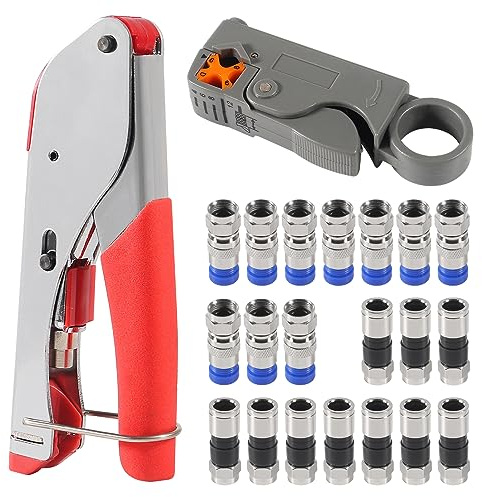 ACEIRMC Coax Cable Crimper Kit Tool for RG6 RG59 Coaxial Compression Tool Fitting Wire Stripper with 20pcs F Compression Connectors (Kit Tool)