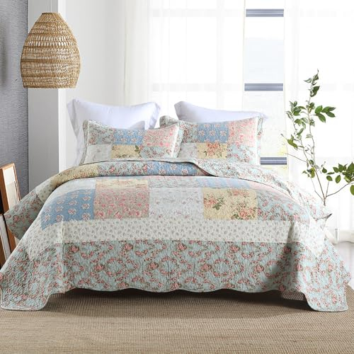 camandy Baumwoll-Tagesdecke, Steppdecke, Bettwäsche-Set, 3-teilig, wendbar, Bettdecken, grüne Rose, florales Patchwork-Tagesdecke, Queen-Size-Größe