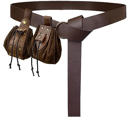 HiiFeuer Mittelalter Geprägter O-Ring Gürtel mit Nordisch Geprägter Gürteltasche, Vintage Kunstleder Gürtel und Seitentasche Set für LARP