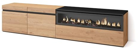 Skraut Home | TV-Schrank, Lowboard | für Wohnzimmer und Esszimmer | 200x45x35cm | Für TV-Geräte bis zu 80 | Elektrokamin. Maße | Moderner Stil | Eiche Schwarz