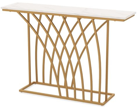 DREAMADE 120 x 30 x 80 cm Konsolentisch, Beistelltisch mit Metallrahmen, Flurtisch Schmal für Eingangsbereich & Wohnzimmer, Belastbar bis 20kg, Gold
