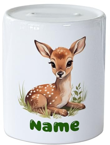 GRAZDesign Personalisierte Spardose Rehkitz REH mit Namen - Sparbüchse für Mädchen und Jungen, Geldgeschenk mit Öffnung, aus Keramik