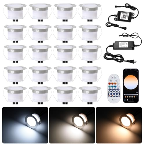 Sumaote 6CCT Low Voltage LED Deck Lights, 20 Pack 1.77 Recessed Dimmable Deck Stair Lights with APP & Remote Control, Tunable White 2700K-6500K, Outdoor IP67 Waterproof Step Lighting