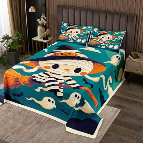 Manfei Colcha infantil de bruja, tamaño doble, con estampado de murciélago y calabaza fantasma, decoración de dormitorio de niños y niñas, colcha acolchada verde con 2 fundas de almohada, edredón de