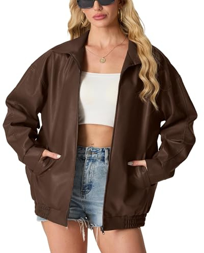 GRECERELLE Lederjacke Damen Kunstlederjacke Reverskragen Lange Ärmel Übergangsjacke Reißverschluss Bikerjacke Damen Lässig Motorrad Jacke Frauen (Dunkelbraun,L)