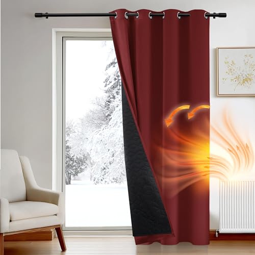 Deconovo Christmas Thermal Door Curtains, Window Panel with Thick Microfiber Quilted Lining, Draught Reduction Eyelet Blackout Curtain for Doorways, 52 x 90 Inch (W x H), Red, 1 Piece