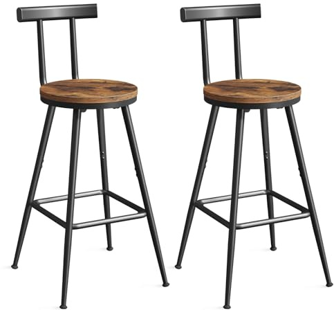 MAHANCRIS Bar Stools, Set of 2 Bar Chairs with Backrest and Footrest, 26 Tall Counter Stools, Metal Frame, Adjustable Feet, Easy Assembly, for Kitchen, Living Room, Pub, Rustic Brown BAHR6001