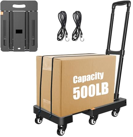 Sackkarre Klappbar, Transportwagen 200KG, Sackkarren Klappbare mit 6 Universal-Räder, Plattformwagen mit Verstellbarer Deichsel, 2 Flexibles Seil, für Gepäck, Einkaufen, Auto und Umzug, Schwarz