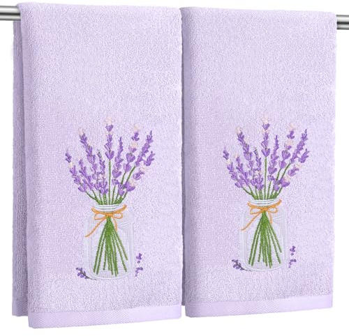 SmoothNovelty 2 Pcs Lavender Hand Towels Purple Bathroom Decor 14x29 Inch Embroidered 100% Cotton Soft Absorbent Spring Summer Decorative Hand Towels for Bathroom Kitchen