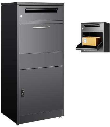 115CM Paketkasten für draußen - Abschließbarer schwarzer Metall-Paketkasten, Anti-Diebstahl, IPX4 wasserdicht, wetterfester Briefkasten für Veranda, Zaun, Bordsteinkante (XXL: 115 X 36.5 X 50cm)