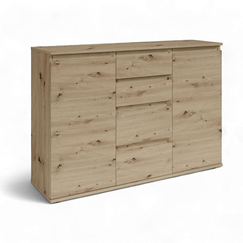 Brest Kommode in Artisan Eiche Optik - Modernes Sideboard mit viel Stauraum - 119 x 84 x 35 cm (B/H/T) | Modernes Design mit Griffmulden, 2 Türen, 2 Einlegeböden, 4 Schubkästen, praktischer Oberboden als Ablagefläche, mit Stauraum