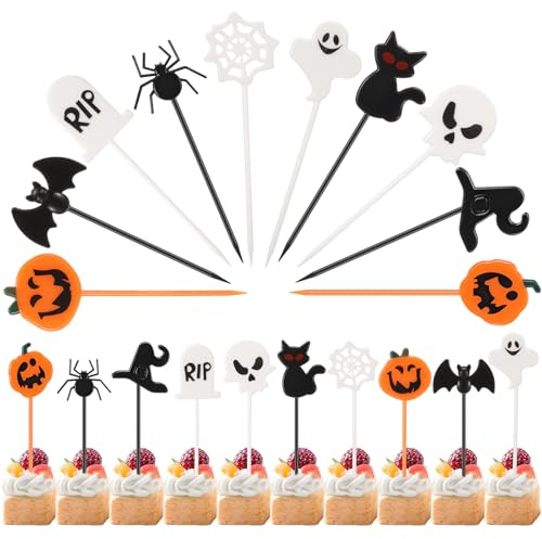 Namalu 50 Piezas Halloween Cupcake Toppers Kunststoff Toppers Kürbis Fledermaus Schädel Geister Katze Hut Frucht Picks Cocktail Picks Tortendeko Zahnstocher für Spieße Snacks Geburtstag Partyartikel