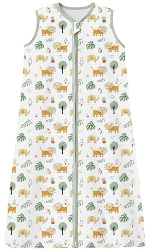 Chilsuessy Kinder Schlafsack 1 Tog Baby Schlafsack aus 100% Baumwolle,Baby Ganzjahresschlafsack Schlafanzug für Jungen und Mädchen, 1 Tog/Elefant Löwe, 110cm/Baby Höhe 100-120cm