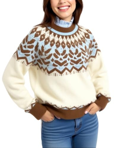 Women's Fair Isle Print Crewneck Sweater Casual Long Sleeve Knit Pullover Tops Blue Colorblock Jumper 2025 New Outfits