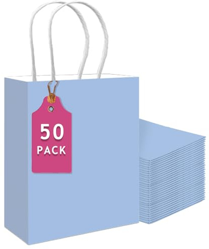Gcardist 50 stora presentpåsar i ljusblått papper med handtag – 33 x 26,2 x 11,7 cm, små festpresentpåsar för flera användningsområden