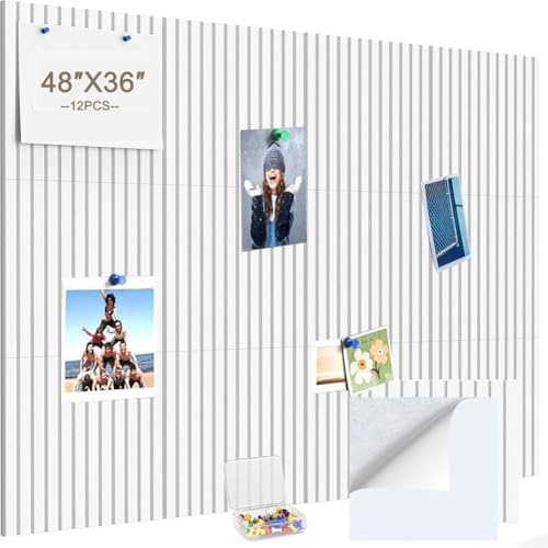 Lot de 12 tableaux en liège alternatifs pour mur, 90 x 120 cm, carreaux muraux en feutre autocollants pour la maison, l'école, le bureau, panneau d'affichage photo (blanc)