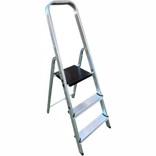 EL BAÑO MODERNO Escalera 3 150kg Peldaños Plegables Aluminio MAX | Bloqueo Automatico con Bisagras de Acero · Hecha de Aluminio · Tacos Antideslizantes · Escadote Peldaño 80mm