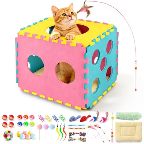 DoubleCare 41 Stück Interaktives Katzenspielzeug Set, Katzen Spielzeug mit Faltbarem Haustierbett aus Filz mit weichem Kissen, Interaktivem Federwedel, Glöckchenbällen, Federn und Plüschmäusen