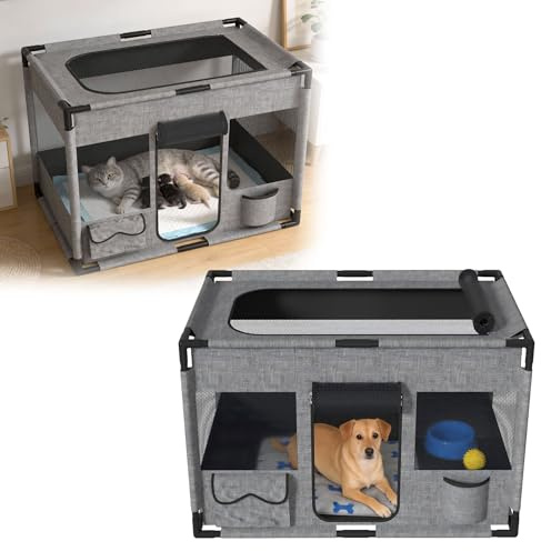 UISEBRT Welpenauslauf Freilaufgehege,Welpengehege aus Oxford-Gewebe,atmungsaktives Netz mit Reißverschluss & Seitentasche,Laufstall Laufgitter Indoor für Hunde Katzen,85x65x64.5cm Rechteck