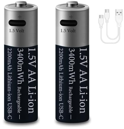 2 Piezas 1,5V AA 3400mWh Litio Pilas Recargables, 1,5Volt Doble A Lithium 2200mAh Pila para Vídeo Timbre/Juguete/Mando Distancia, 2 en 1 Tipo-C USB Carga Cable, 2 Hora Carga Rápida, 1200 Ciclos