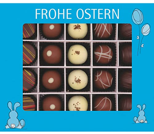 Hallingers 20er Pralinen-Mix handgemacht, mit/ohne Alkohol (240g) - Frohe Ostern blau (Pralinenbox) - Ostern 2023, Für Sie#Für Ihn - Geschenk zu Ostern 2023