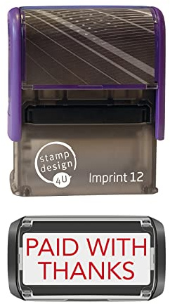 Stamp Design 4U Imprint 12 RED 48 x 18mm Self-Inking Rubber Stamp - Paid with Thanks in Red Ink