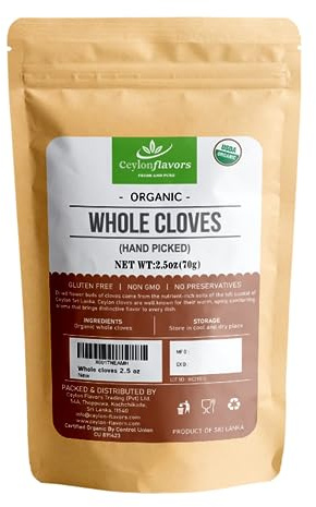Ceylon Flavors Fresh and Pure Organic premium hand picked whole cloves 2.5oz, Packed from a USDA Certified Organic Farm in Sri Lanka (stand up resealable pouch)