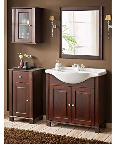 Lomadox Badezimmermöbel Set inkl. 85 cm Keramik-Waschbecken im Landhausstil, Pinie Massivholz braun, B/H/T ca. 161/180/49cm