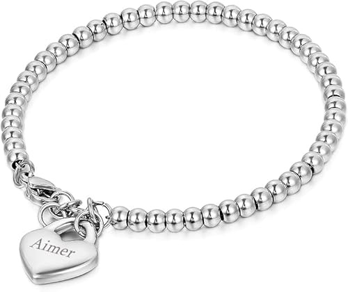 JewelryWe Damen Armband Herz Fußkettchen Edelstahl Liebe Herz Kugel Perlen Charmsarmband Armkette Fußkette Gravur Geschenk für Frau Mädchen