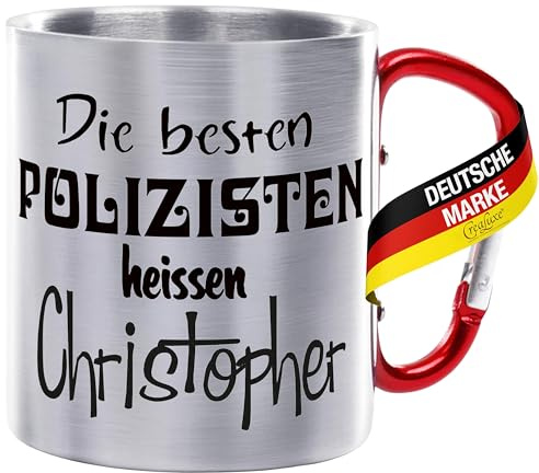 CreaLuxe Edelstahltasse mit Karabiner - Die Besten Polizisten heißen Wunschname - 330ml, Tasse personalisiert, Kaffeetasse, Bürotasse, Metalltasse mit Name