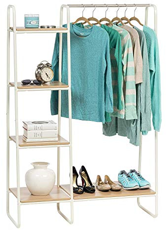 Iris Ohyama Kleiderständer mit Holzregalen, 4 Ebenen, Weiß, Modernes Design, Robuster Rahmen, rutschfest, Für Schlafzimmer, Studio, Schrank, Kleidung & Schuhe, Wäscheständer, Einfacher Aufbau, PI-B3