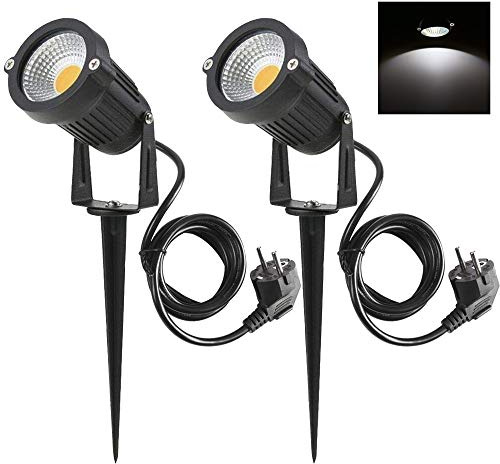 aulyun 2er Set 5W LED Strahler mit Erdspieß, 1.5m Kabel mit Stecker, Led Garten Beleuchtung, Gartenleuchte Gartenstrahler Rasenstrahler IP65 Wasserdicht für Outdoor Hof Rasen (Kaltweiß)