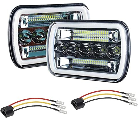 AMUNIESUN Super Bright Pair 7x6 5x7 Headlights 6052 6054 H5054 H6054 Hi/Low Sealed Beam White/Amber Halo Compatible With Ford E250 E350 E450 E150 F550 F600 F650 F700 F750 GMC Savana Chevy Express
