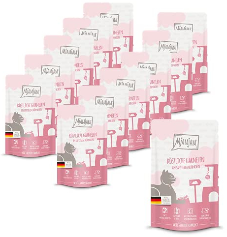 MjAMjAM - Premium Nassfutter für Katzen - Quetschie - köstliche Garnelen an saftigem Hühnchen, 12er Pack (12 x 125 g), getreidefrei mit extra viel Fleisch