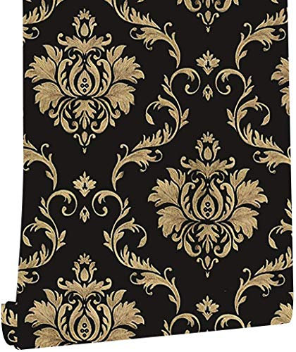 LIFAVOVY Upgrade Thickening Contact Paper Black Gold Damask Wall Paper Self Adhesive Peel and Stick Wallpaper for Kitchen Countertop Cabinet Furniture Bedroom Decor 17.7 Inch x 32.8 FT