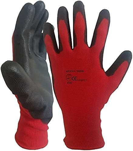 A406 12 Pairs Red Black Nitrile Coated Gloves Nylon Safety Work Gloves Garden Gloves Builders Gloves Mens Gardenin (Medium/8)