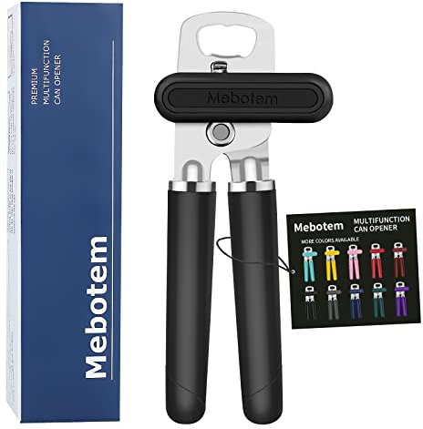 Mebotem Tin Opener Manual, Handheld Heavy Duty Can Opener, Stainless Steel Smooth Edge Hand Can Openers, Easy Turn Knob Bottle Opener, Top Lid Kitchen Essentials Gadgets Tool, Black