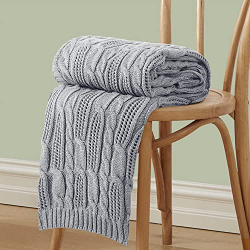 Aormenzy Cable Knit Throw Blankets 50 x 60 Inches, Soft Cozy and Lightweight Knitted Blanket, Machine Washable Acrylic Blanket, Decorative Throw Blanket for Couch Sofa Bed, Silver Grey