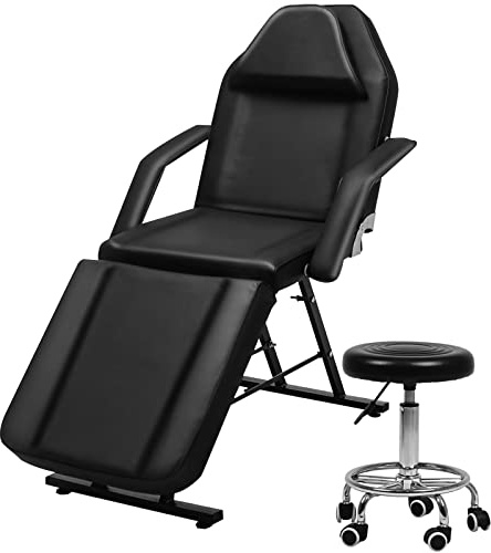 Vanimeu Black Beauty Bed with Stool for Spa, Adjustable Massage Table | Salon Chair, Tattoo Lash Bed, Removable Armrests & Headrest for Spa, Pedicure, Reiki Therapy Couch, Steel Frame, PU Leather
