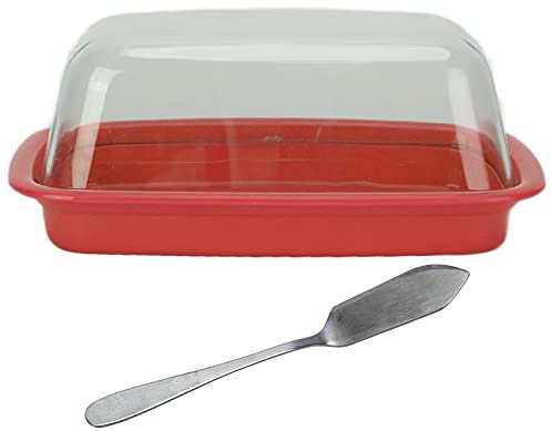 Beurrier pour réfrigérateur, beurrier avec couvercle et couteau récipient de stockage de fromage avec oreilles de levage plat à fromage pour comptoir(Rouge)