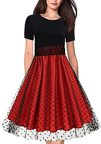 Rockabilly Kleider Damen 50er Jahre Kurzarm Mesh Polka Dot Tüllkleid Sommer Swing Coctailkleid